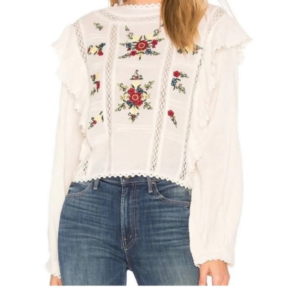 Free People Tops - Free People Amy Cream Beige Embroidered Ruffle Knit Blouse Top M Cottagecore